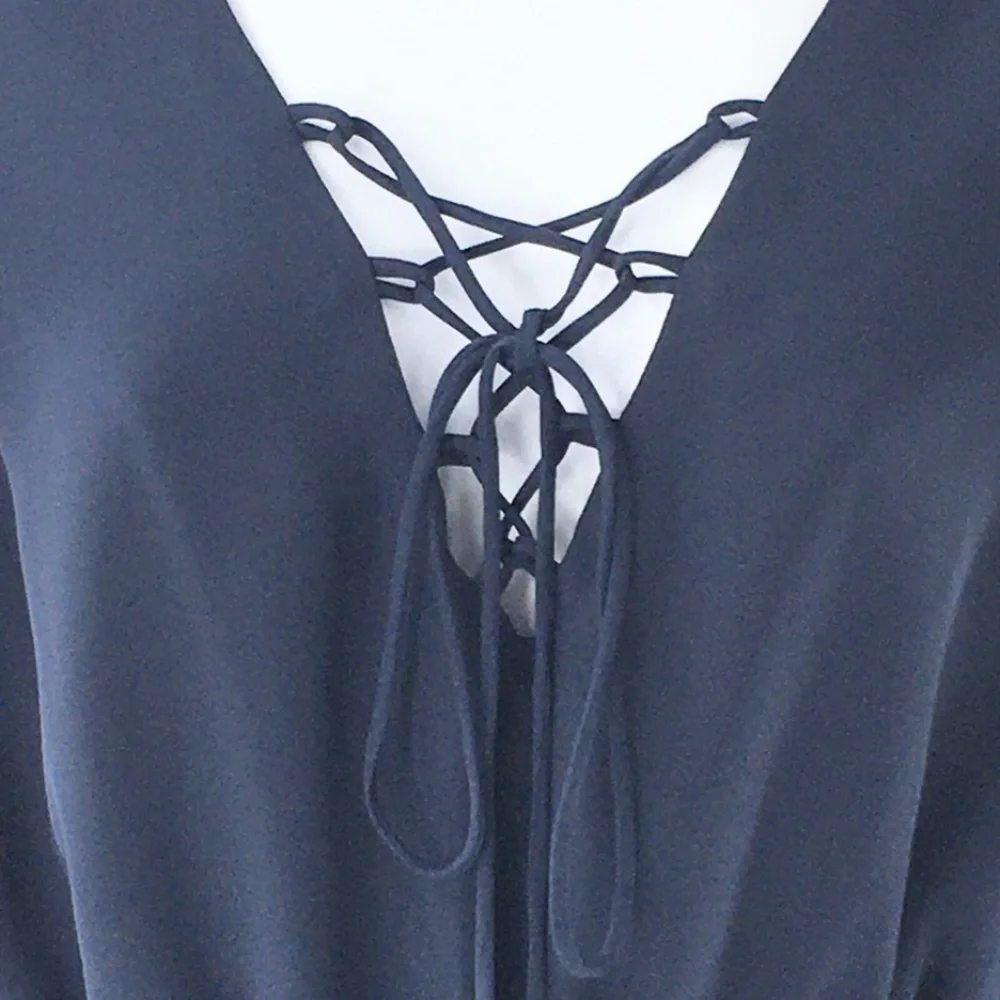 Everly Womens Romper Flutter Sleeves Elastic Waist Summer Tie Feminine Navy Sz - Picture 3 of 15
